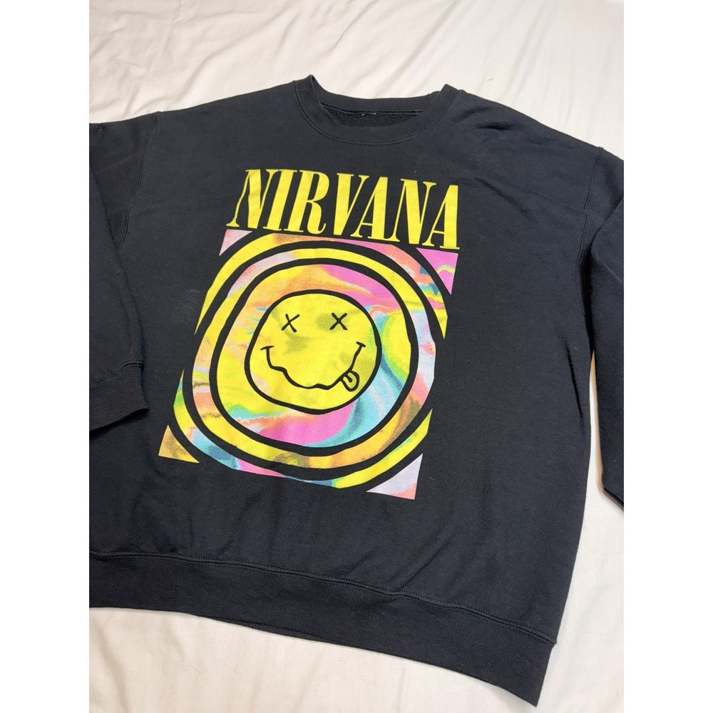 Nirvana Black Smiley Face Graphic Crewneck Fleece Cotton Sweatshirt L